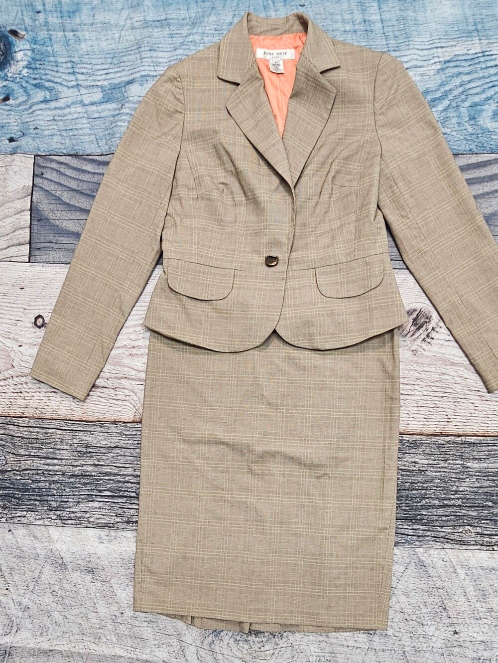 Nine West  2-Piece Skirt Set  Lined  Women's Size 6 Beige Plaid Office Preppy